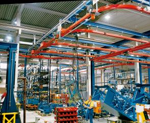 System solution with tracks and cranes made of KBK II profile sections and track switches in the mechanical and plant engineering sector