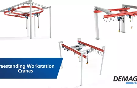 Demag Cantilever Workstation Crane, Lamp Post Workstation Crane, and Standard Portal Workstation Crane.