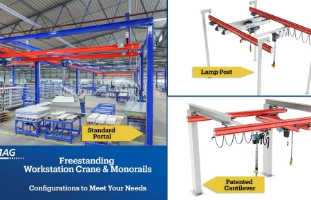 Demag offers 3 configurations of freestanding workstation cranes- standard, lamp post and patented cantilever