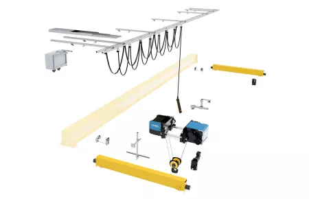 Rendering image of a Demag overhead crane with the girder faded out to feature the components included in a Demag crane set, or crane kit.