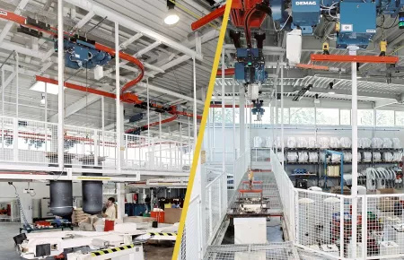 Demag KBK and chain hoists used in an automated monorail where large containers are lifted and lowered.
