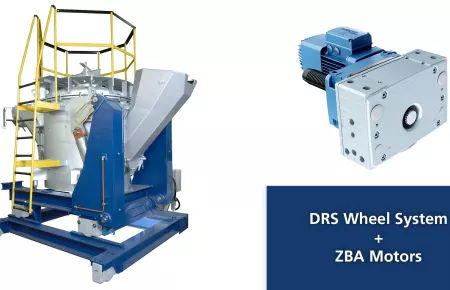 Demag gear motor and LRS wheel combination to show the product used in a furnace transfer car application shown beside it.