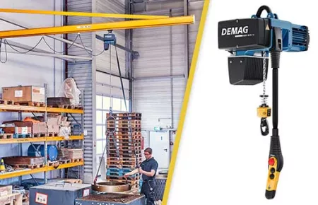 Demag DC Com model chain hoist next to an application photo with a DC Com on a jib crane and the operator picking up a component.