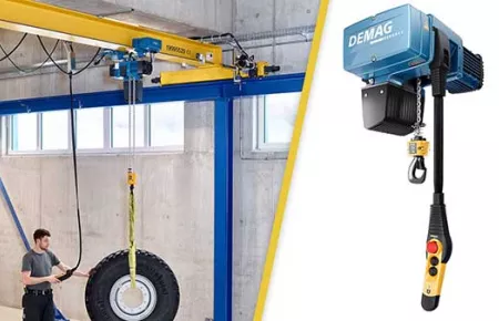 Demag DC Pro model chain hoist next to an application photo of a DC Pro on a single girder i-beam crane lifting a heavy industrial tire.