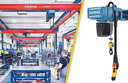 A Demag DCS-Pro model chain hoist next to an application photo of a DCS chain hoist on a ceiling mounted KBK crane with the operator lifting an engine component for assembly.