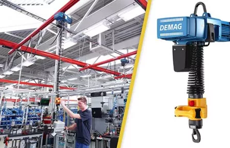 A Demag DC chain hoist with the Manulift handle next to an application photo of an operator lifting a component to be set into a machine.