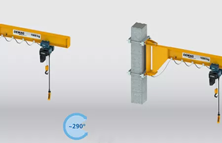 Pillar and wall-mounted slewing jib cranes with I-beam jib, low-headroom design