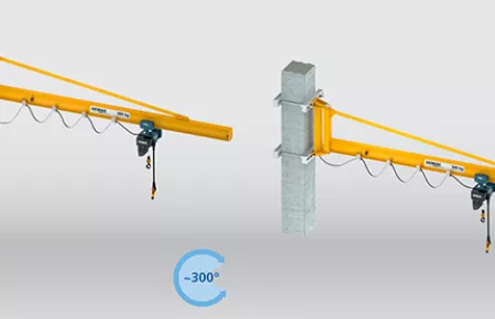 Pillar and wall-mounted slewing jib cranes with I-beam jib, braced design