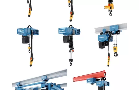 Image showing all models and trolley options available for Demag DC Chain Hoists
