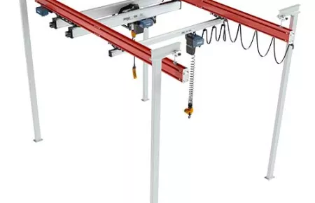 Demag lamp post freestanding workstation crane with DC chain hoists on the two bridges.